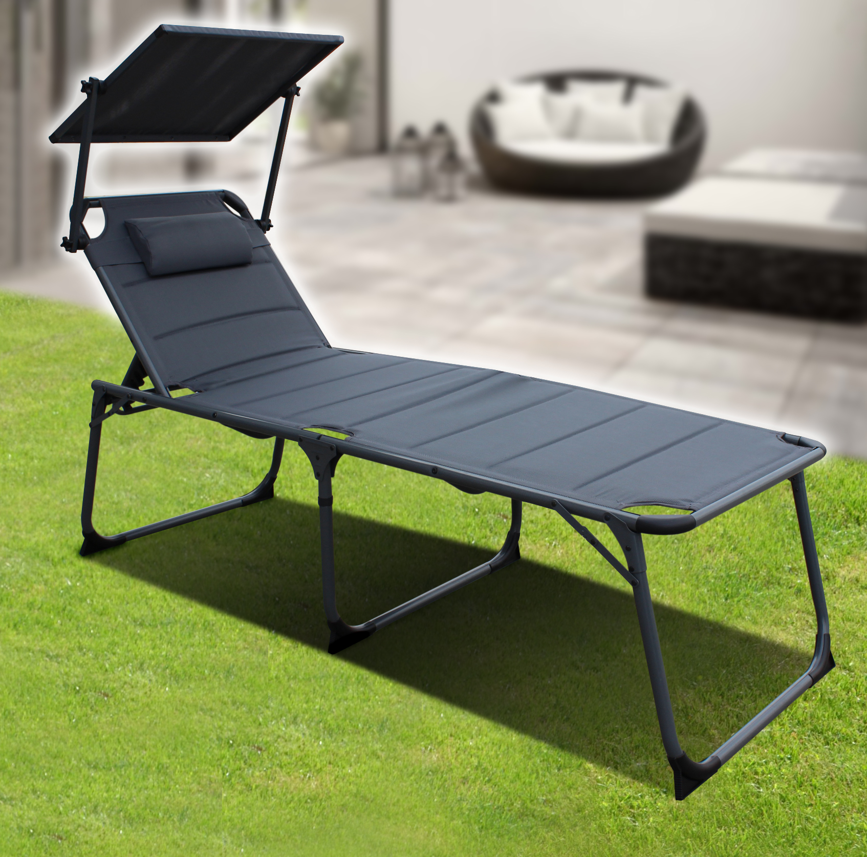 QMBasic XXL SONNENLIEGE klappbar 48 cm hoch gepolstert Sonnendach Alu