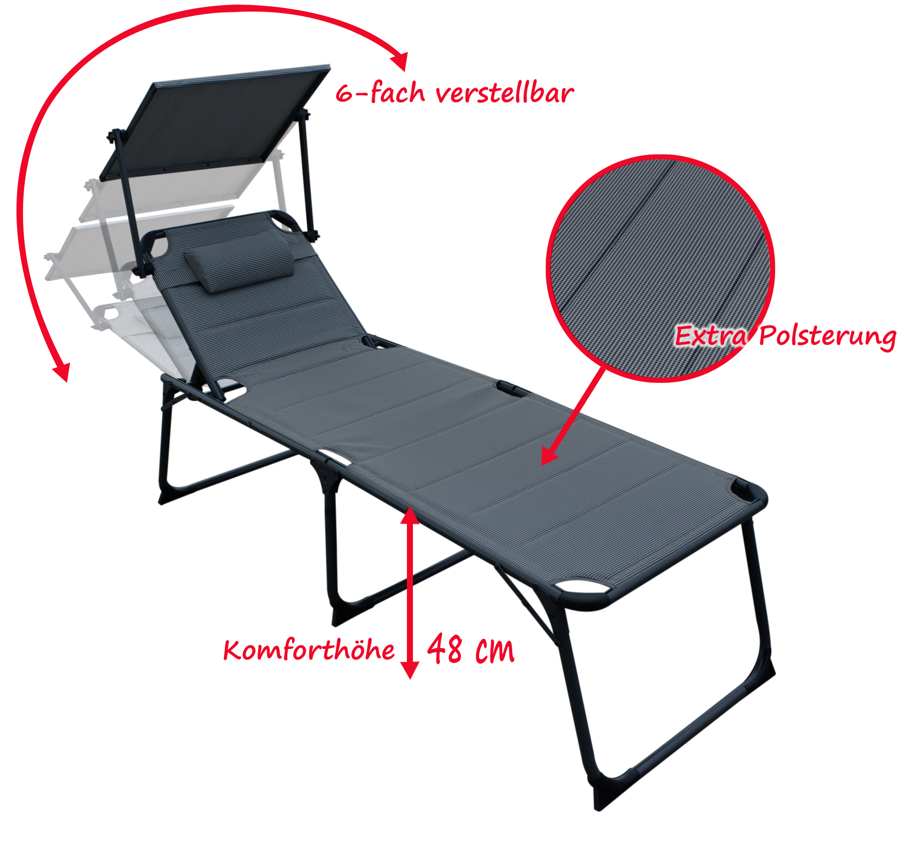 QMBasic XXL SONNENLIEGE klappbar 48 cm hoch gepolstert Sonnendach Alu